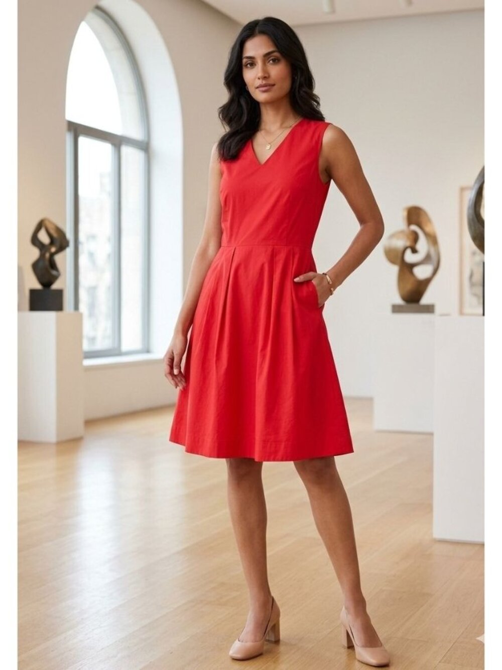 Gap Midi Dress Size 2 Red Sleeveless 100% Cotton Back Zipper V Neck
